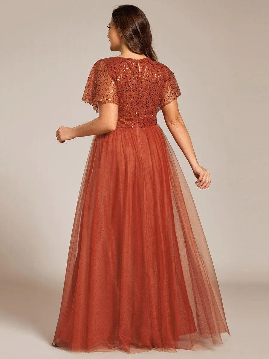 Flora | Plus Size Short Sleeves Sequin V-Neck Formal Evening Dress with Tulle