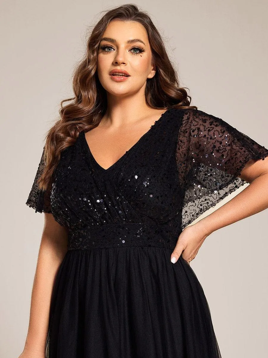 Flora | Plus Size Short Sleeves Sequin V-Neck Formal Evening Dress with Tulle