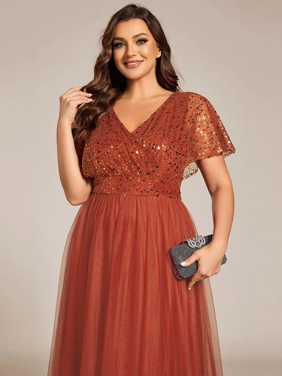 Flora | Plus Size Short Sleeves Sequin V-Neck Formal Evening Dress with Tulle