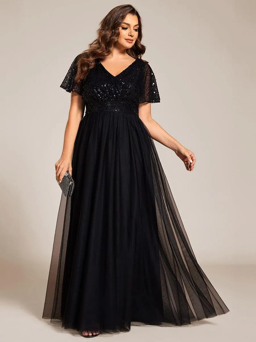 Flora | Plus Size Short Sleeves Sequin V-Neck Formal Evening Dress with Tulle
