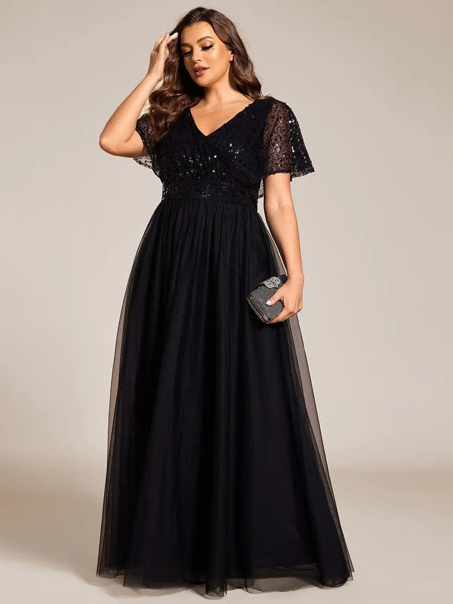 Flora | Plus Size Short Sleeves Sequin V-Neck Formal Evening Dress with Tulle