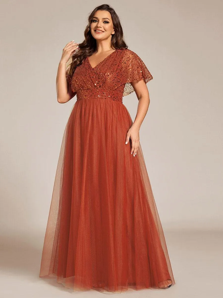 Flora | Plus Size Short Sleeves Sequin V-Neck Formal Evening Dress with Tulle