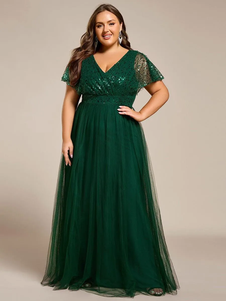 Flora | Plus Size Short Sleeves Sequin V-Neck Formal Evening Dress with Tulle