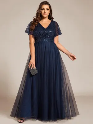 Flora | Plus Size Short Sleeves Sequin V-Neck Formal Evening Dress with Tulle