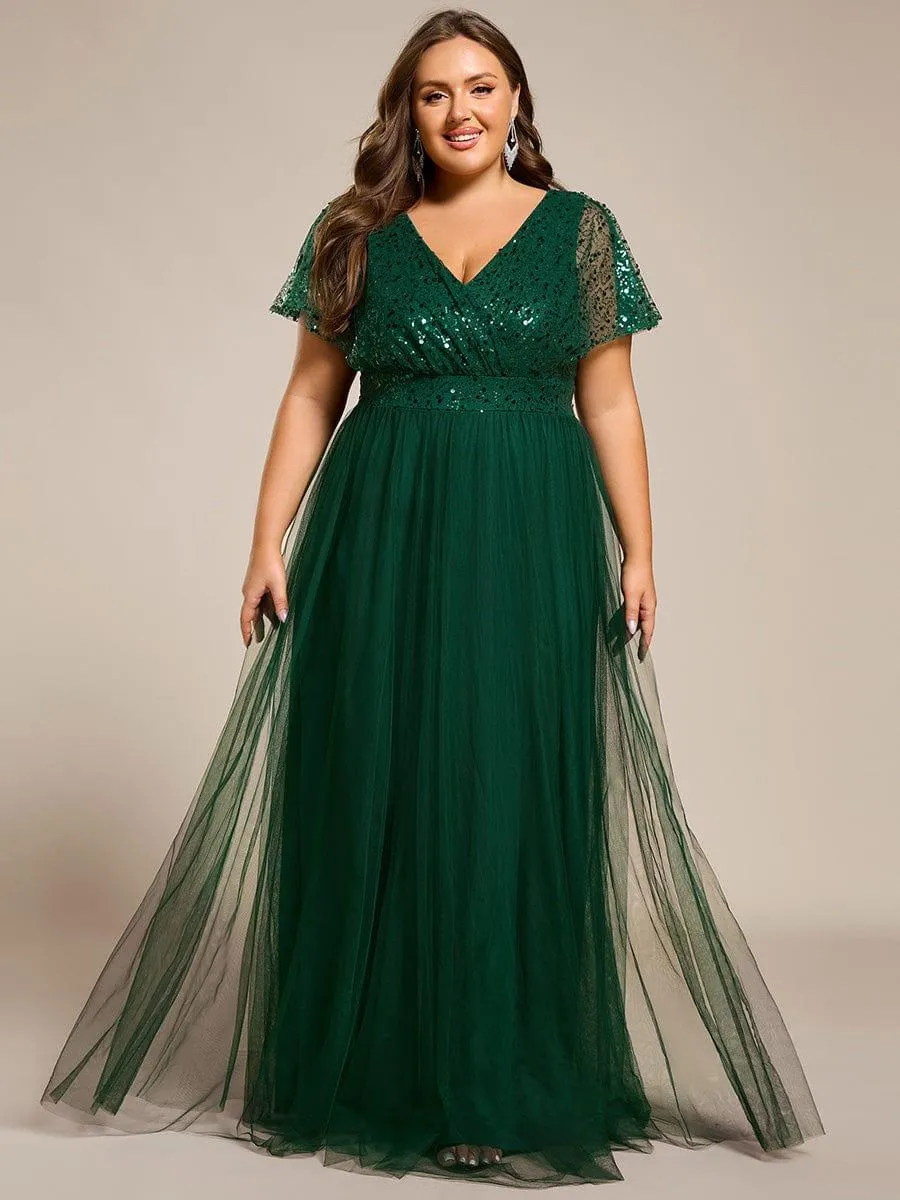 Flora | Plus Size Short Sleeves Sequin V-Neck Formal Evening Dress with Tulle