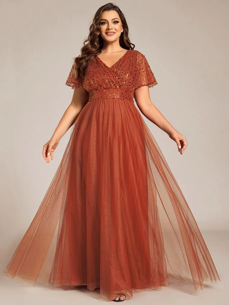 Flora | Plus Size Short Sleeves Sequin V-Neck Formal Evening Dress with Tulle