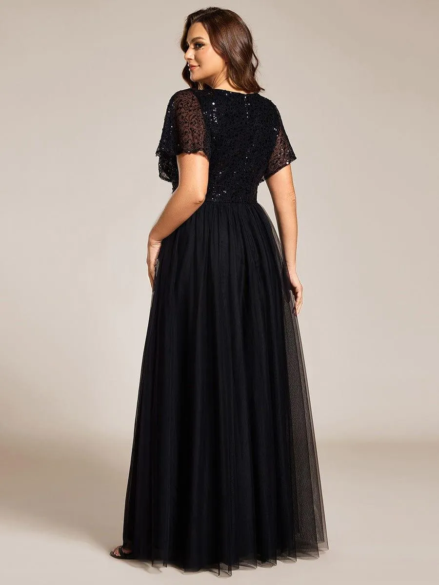 Flora | Plus Size Short Sleeves Sequin V-Neck Formal Evening Dress with Tulle