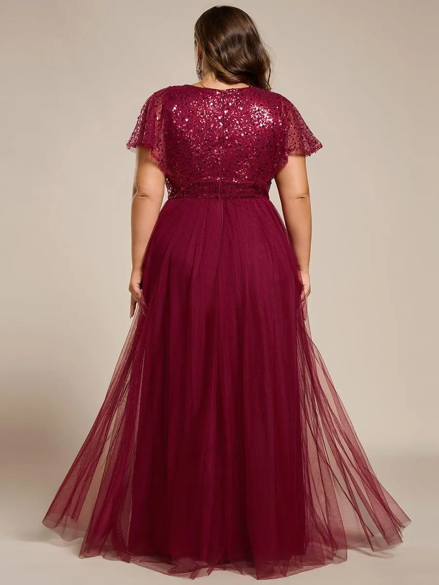 Flora | Plus Size Short Sleeves Sequin V-Neck Formal Evening Dress with Tulle