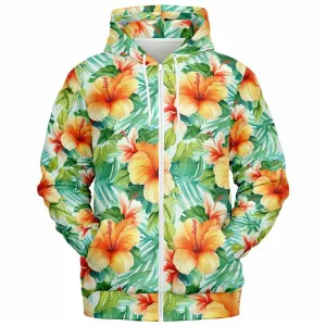 Flowers Zip Up Hoodie, Tropical Floral Green Front Zipper Pocket Men Women Unisex Adult Aesthetic Graphic Cotton Fleece Hooded Sweatshirt