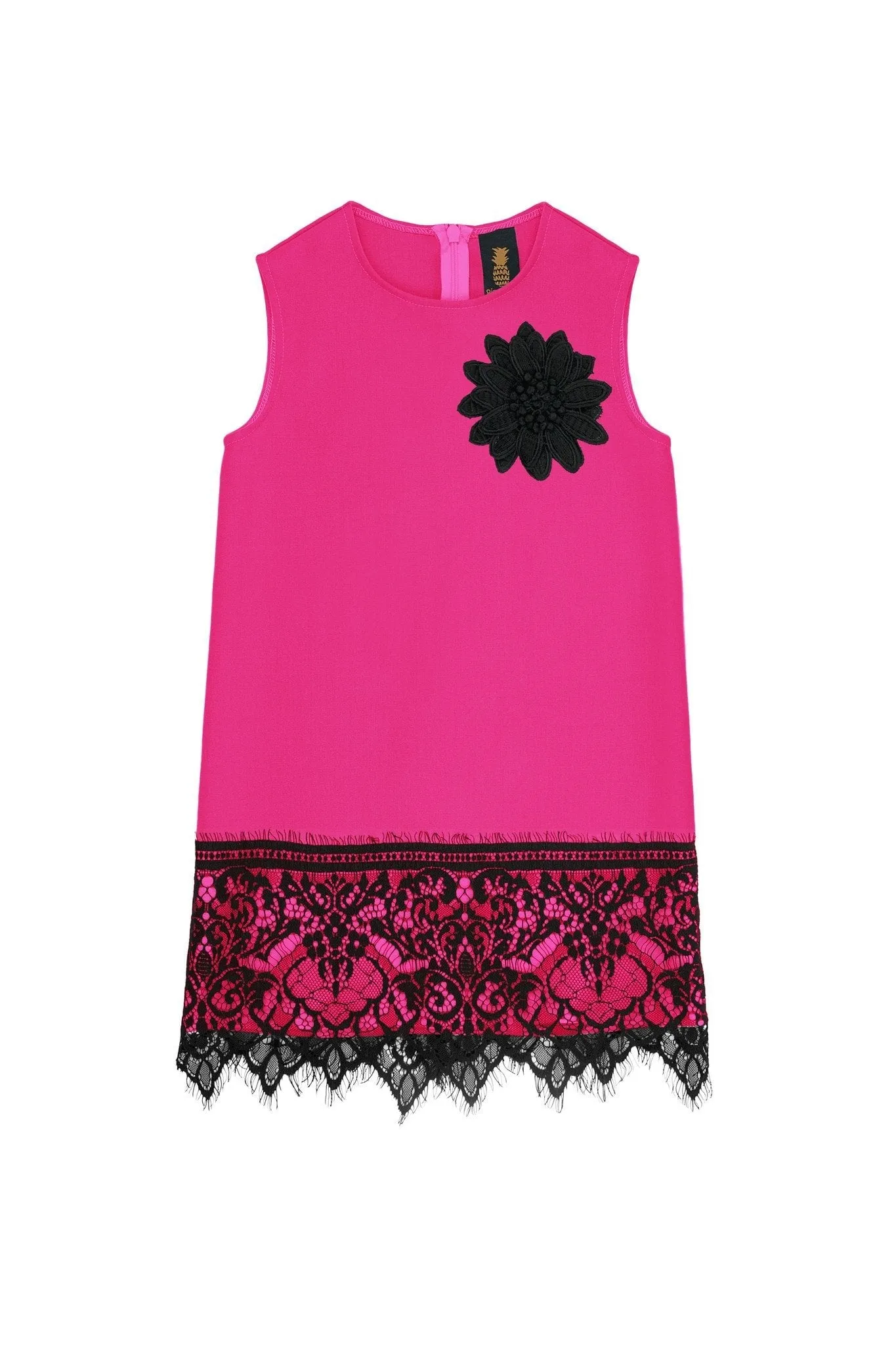 Hot Pink Fuchsia Stretchy Stylish Party Shift Dress With Lace Trim- Girls
