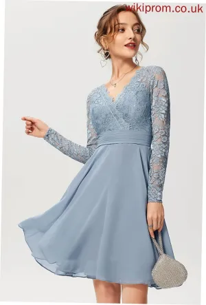 Knee-Length Cocktail Katie A-Line Chiffon Cocktail Dresses Dress V-neck Lace