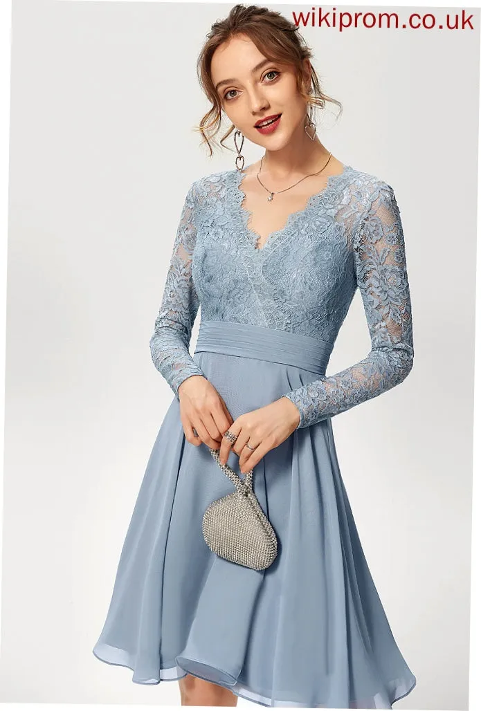 Knee-Length Cocktail Katie A-Line Chiffon Cocktail Dresses Dress V-neck Lace