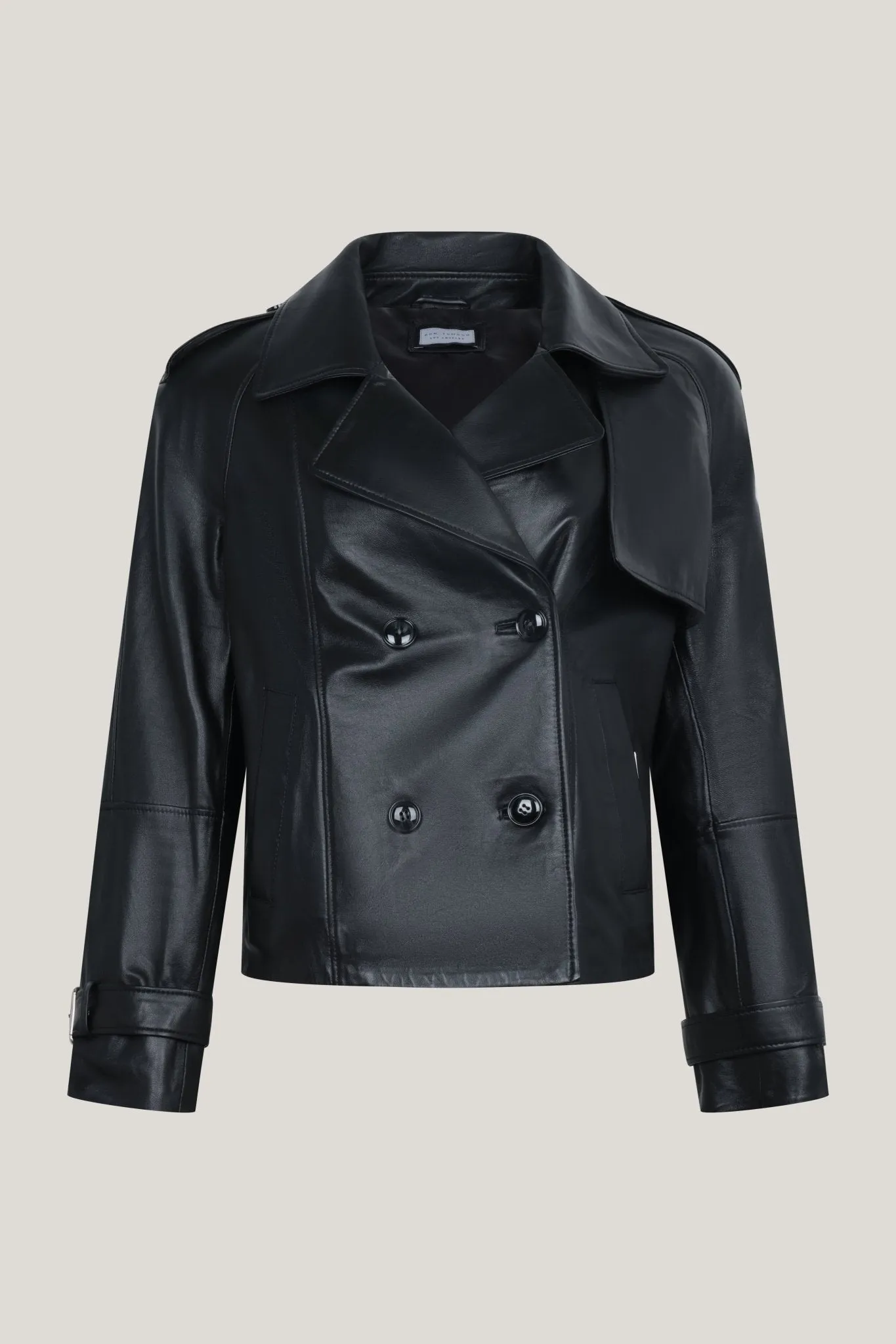 Lambskin Leather Double Breasted Short Trench Jacket - Black