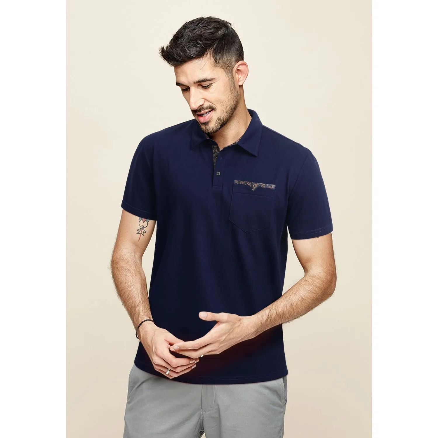 Men's Polo Shirt with Pocket - E-NAVY BLUE-PAISLEY2