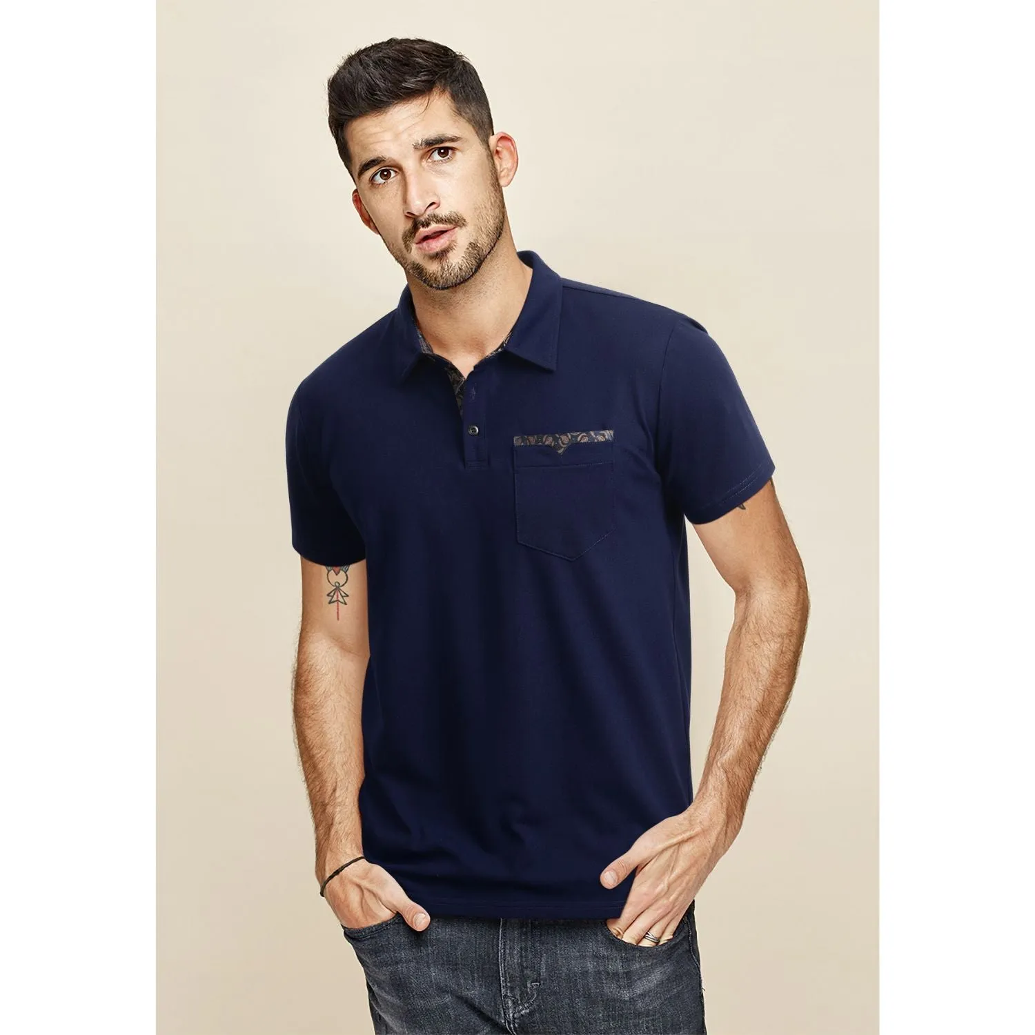 Men's Polo Shirt with Pocket - E-NAVY BLUE-PAISLEY2