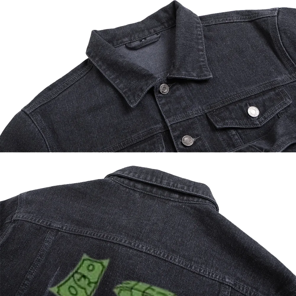 Mens Vintage MAKE MANEY NO FRIENDS Letter Graphic Denim Jacket