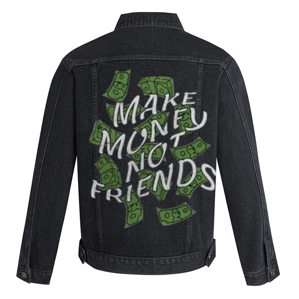 Mens Vintage MAKE MANEY NO FRIENDS Letter Graphic Denim Jacket