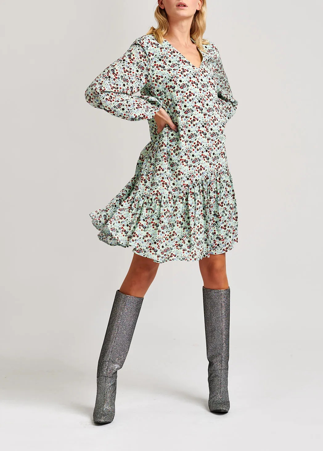 Mint green floral-print wrap mini dress