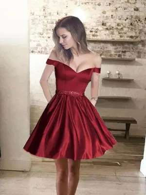 Modern Satin Off-the-shoulder Neckline A-line Cocktail Dresses With Beadings CD002