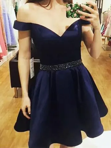 Modern Satin Off-the-shoulder Neckline A-line Cocktail Dresses With Beadings CD002