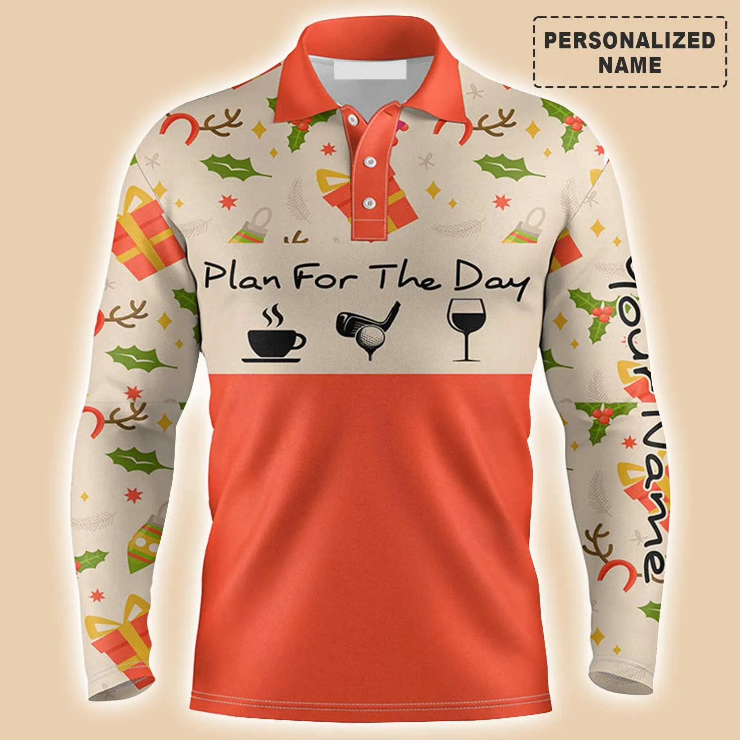 Personalized Plan For The Day Coffee Golf Men Long Sleeve Polo Shirt, Gift for Golfer