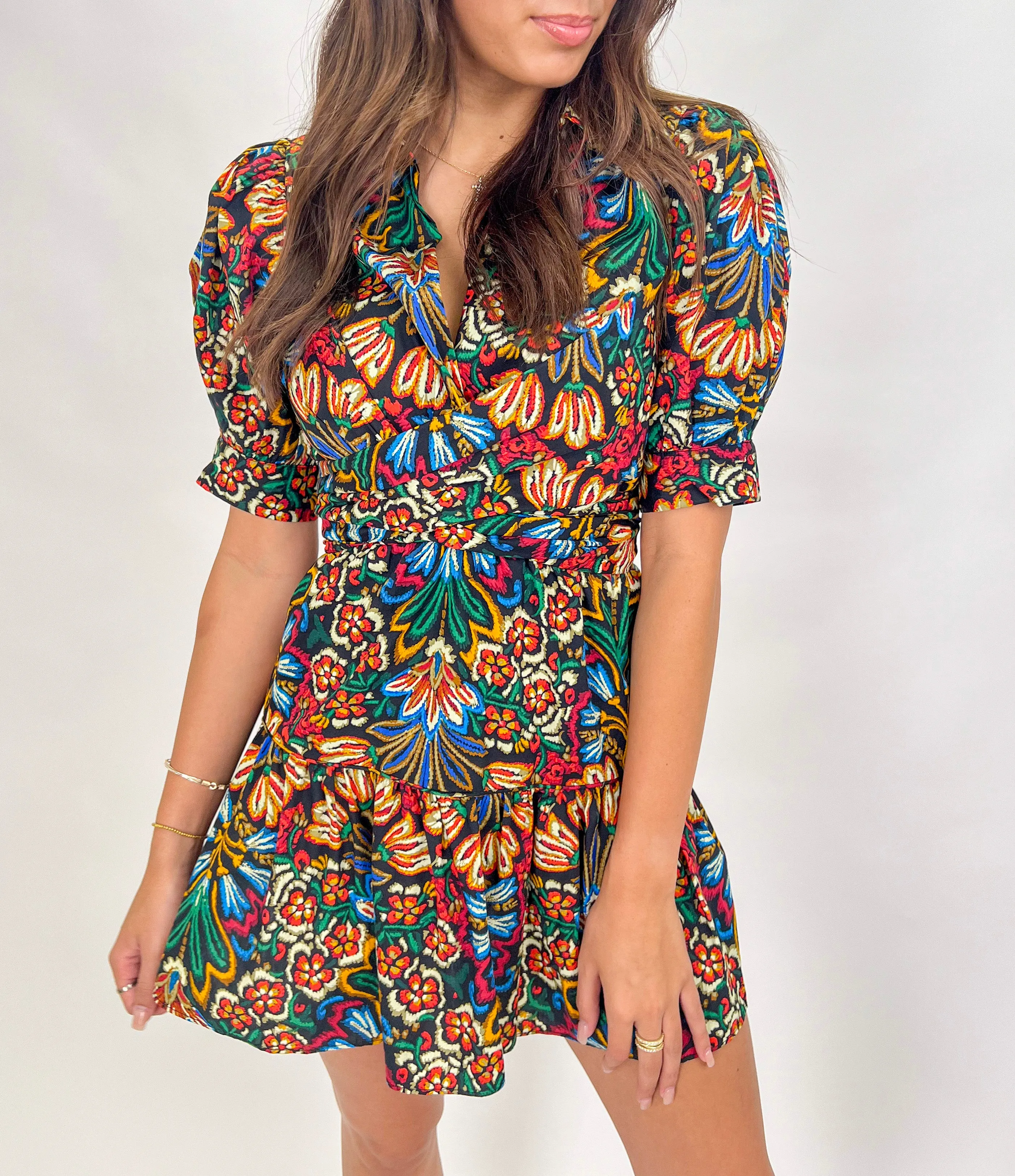 TAKE IT FROM ME PRINTED FAUX WRAP MINI DRESS