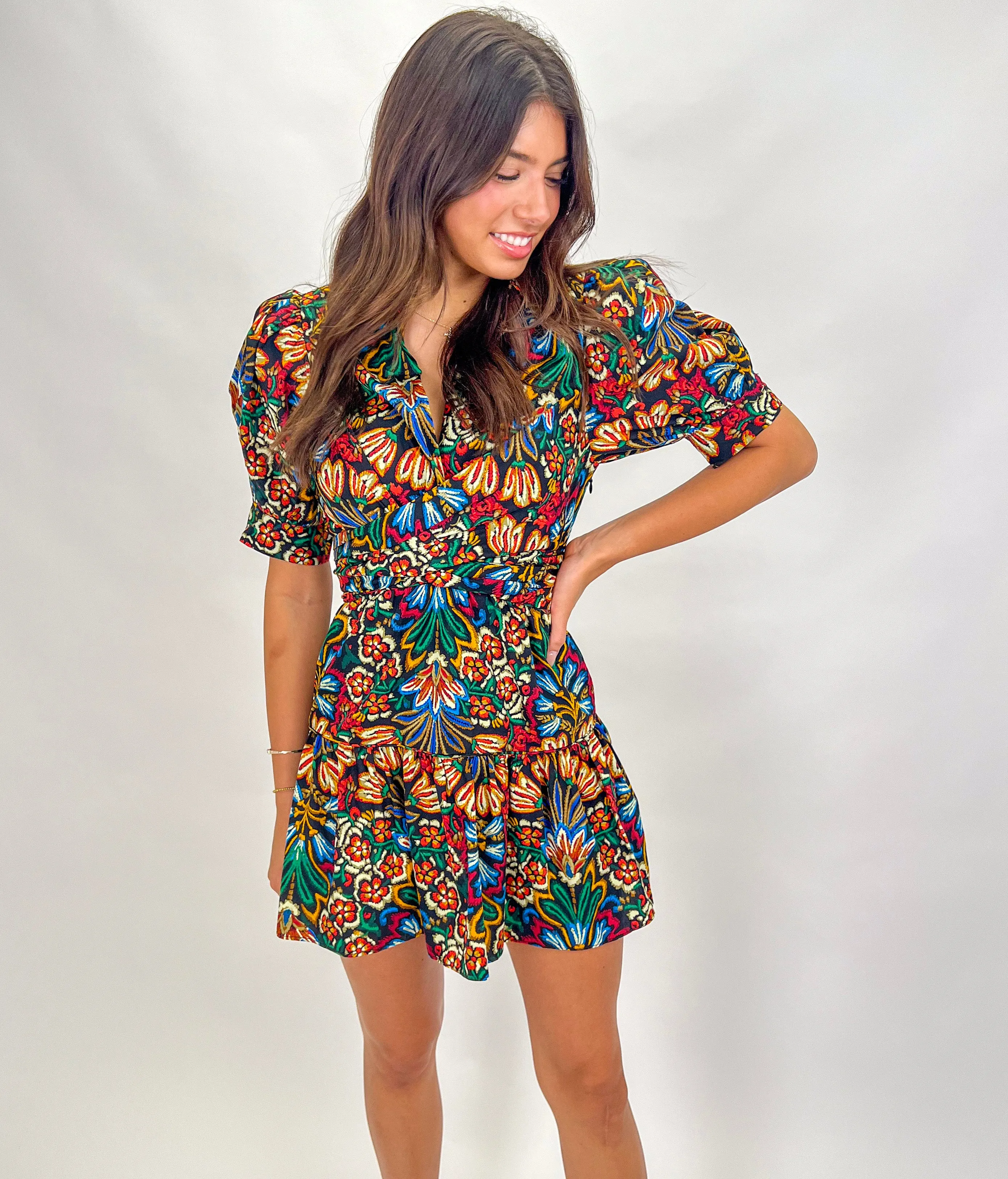TAKE IT FROM ME PRINTED FAUX WRAP MINI DRESS