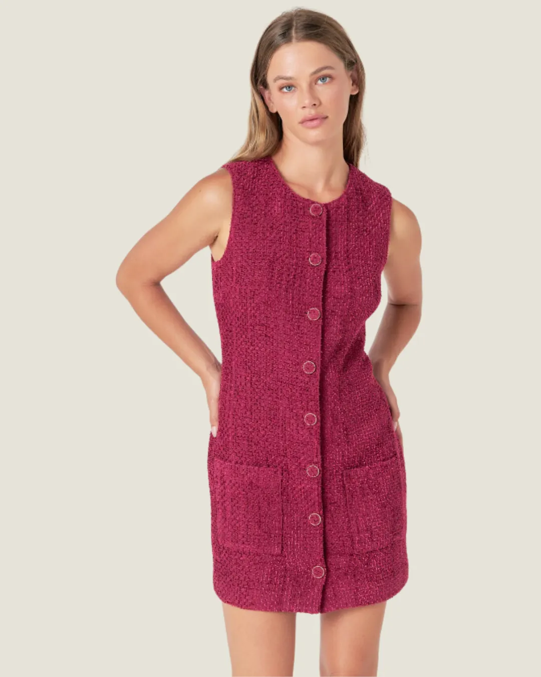 The Sandra: Wine Sleeveless Tweed Mini Dress