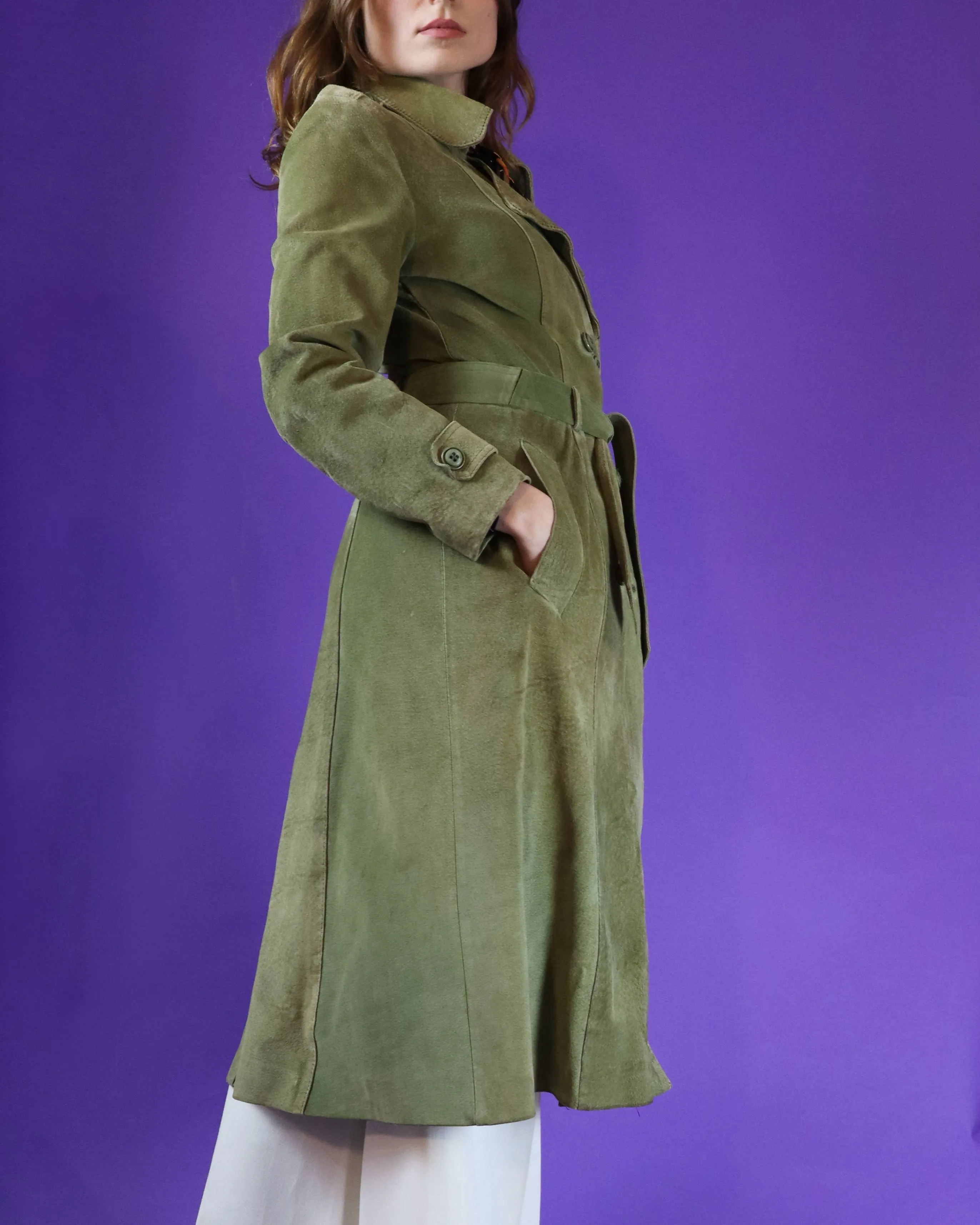 Vintage 1970s Green Suede Trench Coat