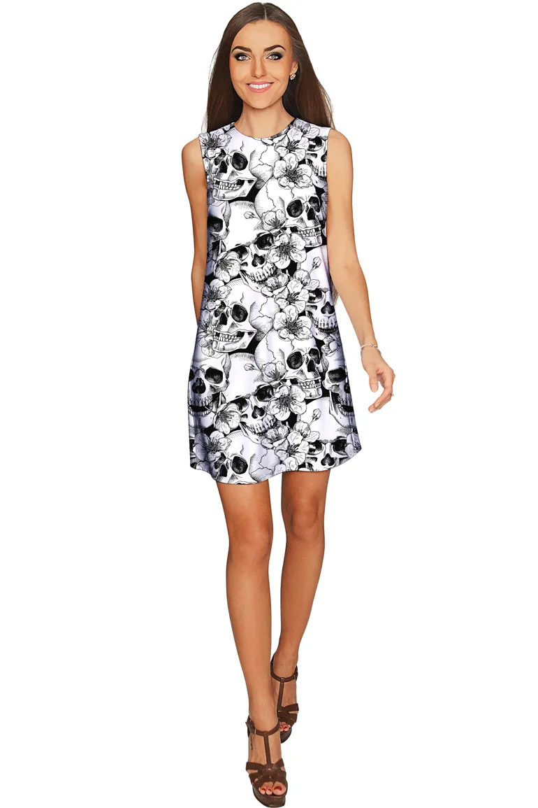 White Witch Adele Skull Print Halloween Fancy Shift Mini Dress - Women